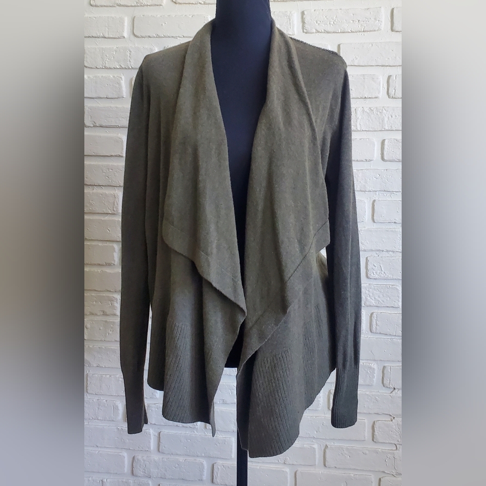 Ann Taylor LOFT Olive Green Open Front Waterfall Knit Merino Wool Cardigan
